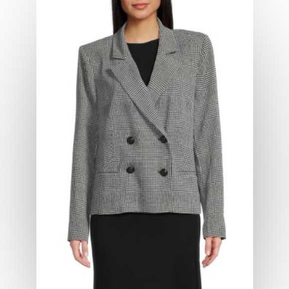 L’Agence Atmore Glen Plaid Double-Breasted Blazer in White/Black.